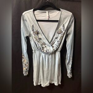 Embroidered Light Blue Mesh Deep V Dress